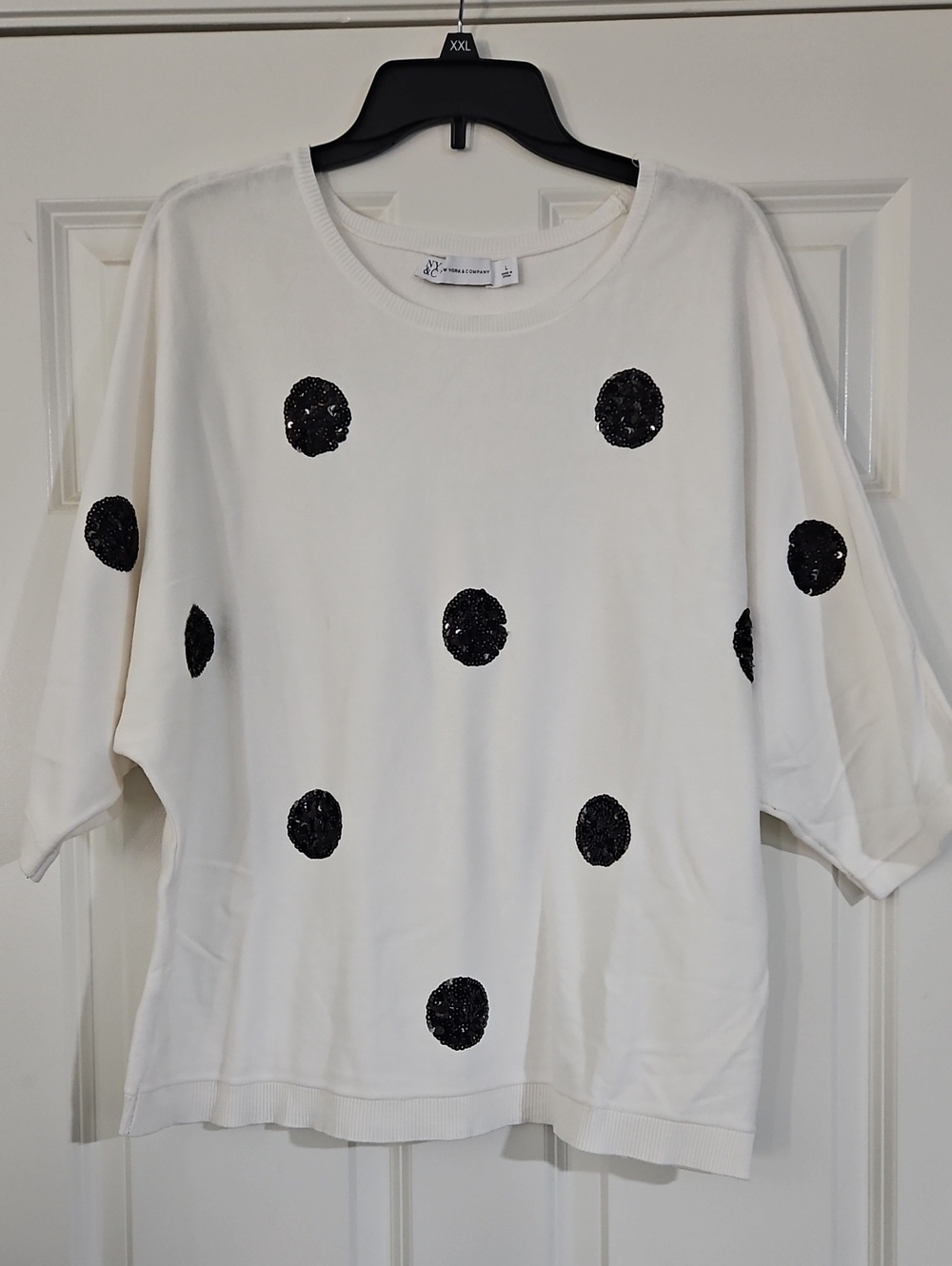 New York & Company White 3/4 Sleeve Sweater with Black Sequin Polka Dots